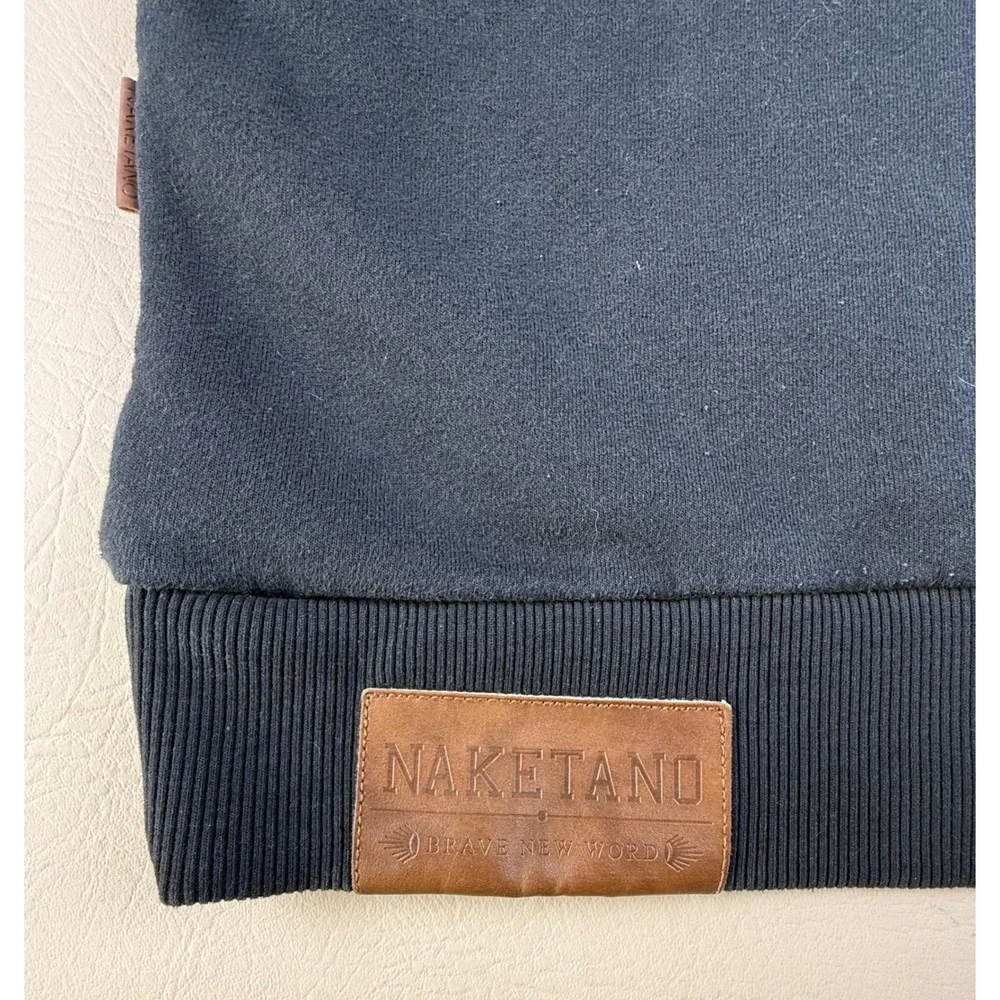 Naketano‎ Large Hoodie Cowl Neck Navy Cotton Blend Faux Leather Patch